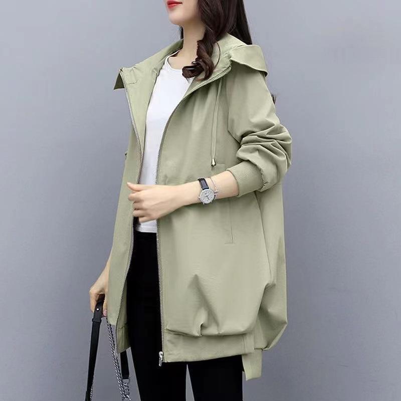 Women's Spring and Autumn Hooded Mid-Length Solid Color Jacket Casual Comfortable Windproof Jacket