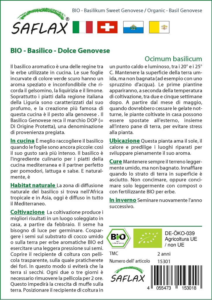 SAFLAX Сад в сумке - Органический - Базилик генуэзский - 800 семян - С субстратом в подходящей устойчивой сумке - Ocimum basilicum