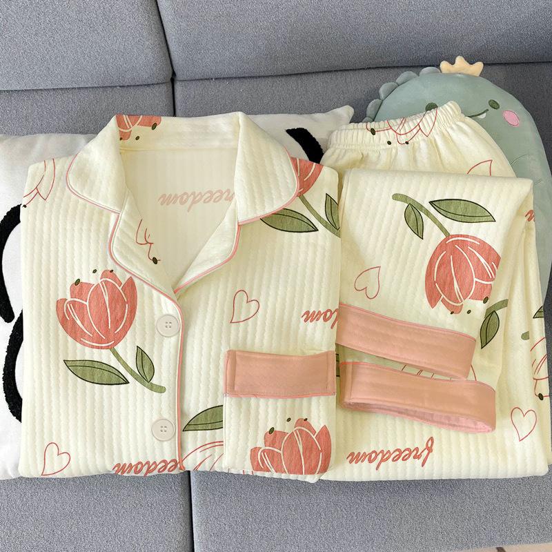 National style flowers autumn and winter new warm air cotton middle-aged and elderly mother retro high-end loungewear suit