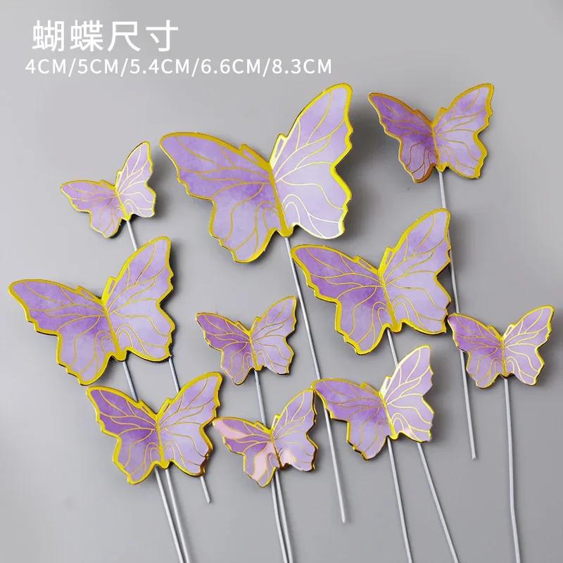 10 шт. Золотые бабочки, украшения для торта, с днем рождения, акриловые украшения для торта, имитация бабочек, украшение для свадебной вечеринки, украшение для торта