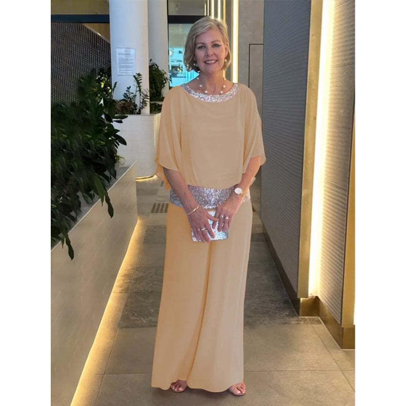 YYFS Women's Fashion Casual Spring Autumn Solid Color Print 1/2 Sleeves O Neck Trousers Pants Suits