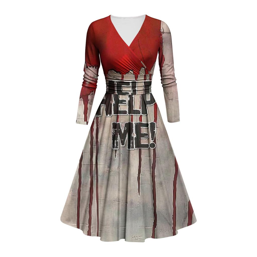 Women's Fashion V Neck Ruffle Long Sleeve Halloween Print Slim Fit Gown Casual Dress
