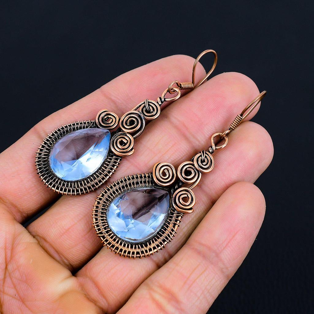 Beautiful Tanzanite Gemstone Handmade Pure Copper Wire Wrapped Earrings Jewelry