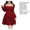 Women Dress Square Neck Pleated A-line Long Sleeves Pleated Slim Waist Velvet Mini Dress Prom