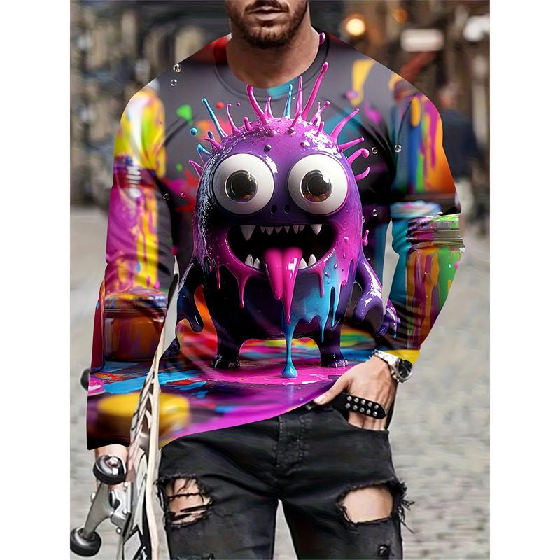 Colorful Little Monster Pattern T-Shirt For Men Fun Mysterious 3D Printed Tees Casual Long Sleeves Unisex T Shirts O-Neck Tops