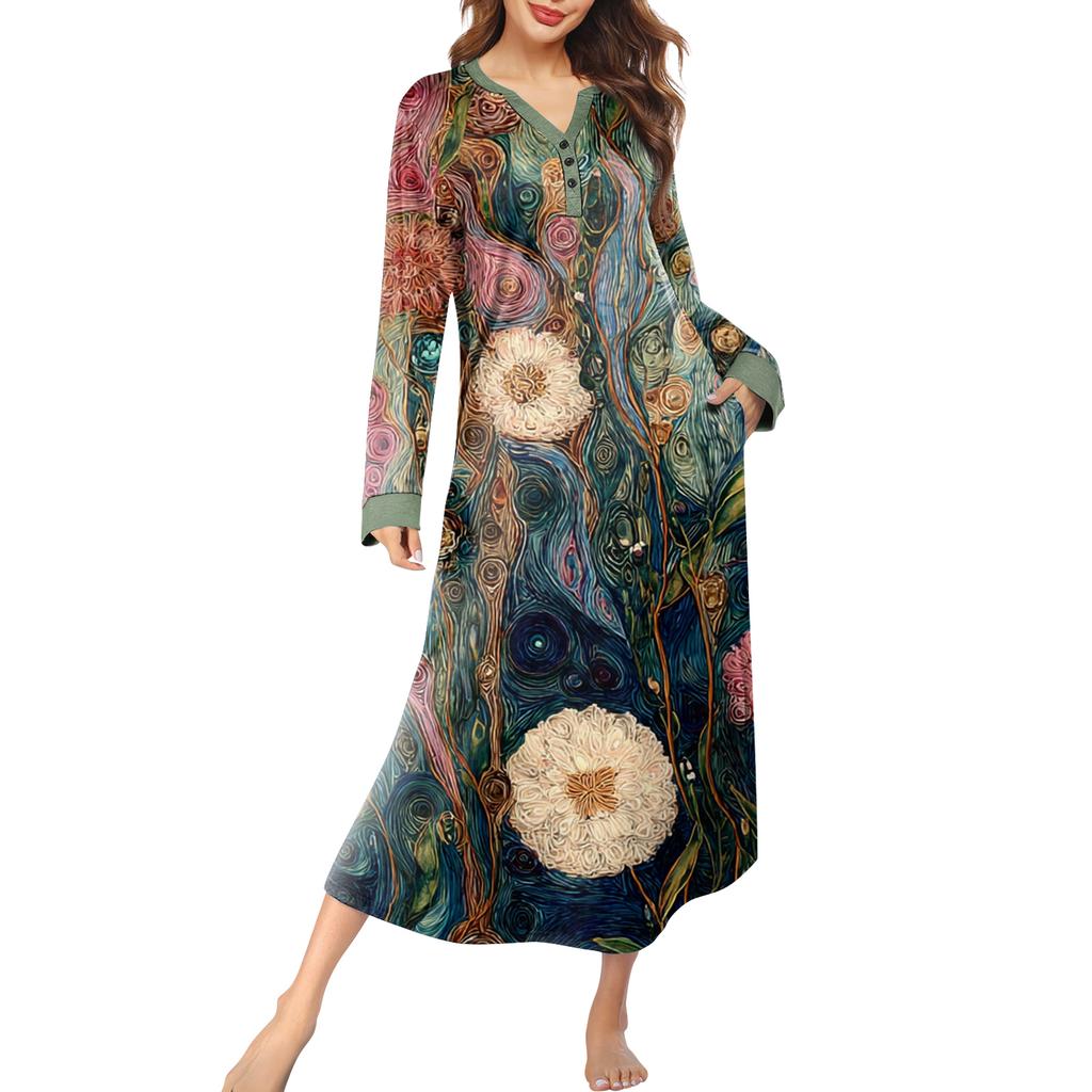 Женская ночная сорочка длинная домашняя одежда с V-образным вырезом и карманами