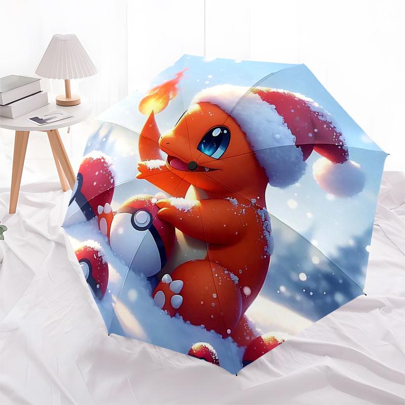 1pc Christmas Charmander Pokémon Umbrella - Auto Open Close, Portable 3-Fold Design, 8-Bone Iron Frame, Outdoor, Perfect Gift for Fans, Travelers, Dai