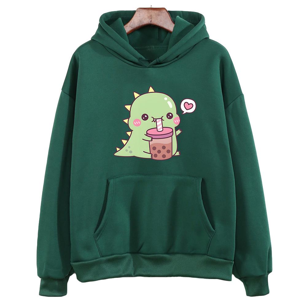 Kawaii/милый Boba Tea Dinosaur Hoodies Women/Men Casual Hoody Winter Fleece Clothing Long Sleeve Korean Esthetic Pullover