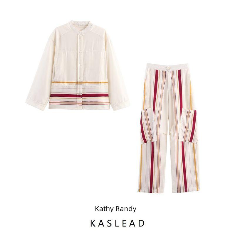Kaslead New Women Clothes Western Style Fashion Contrast Color Stripe Shirts Trousers 8046220 8050222