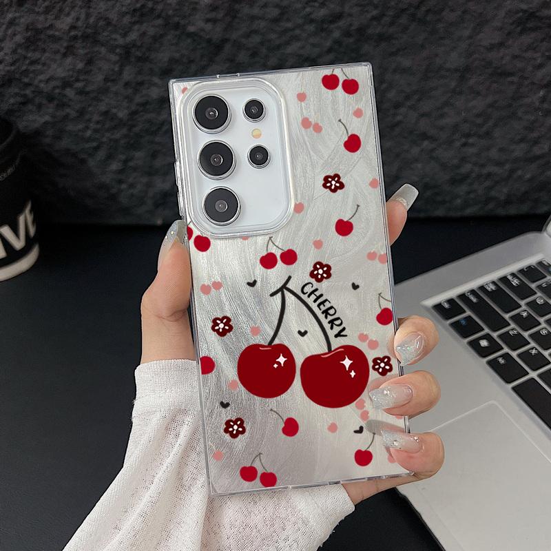 Чехол для телефона с перьями и узором вишни для Samsung S25 Ultra S24 FE S23 A56 A36 A16 A55 с мягким краем, тонкий, ударопрочный, блестящий, жесткий чехол-бампер из ПК