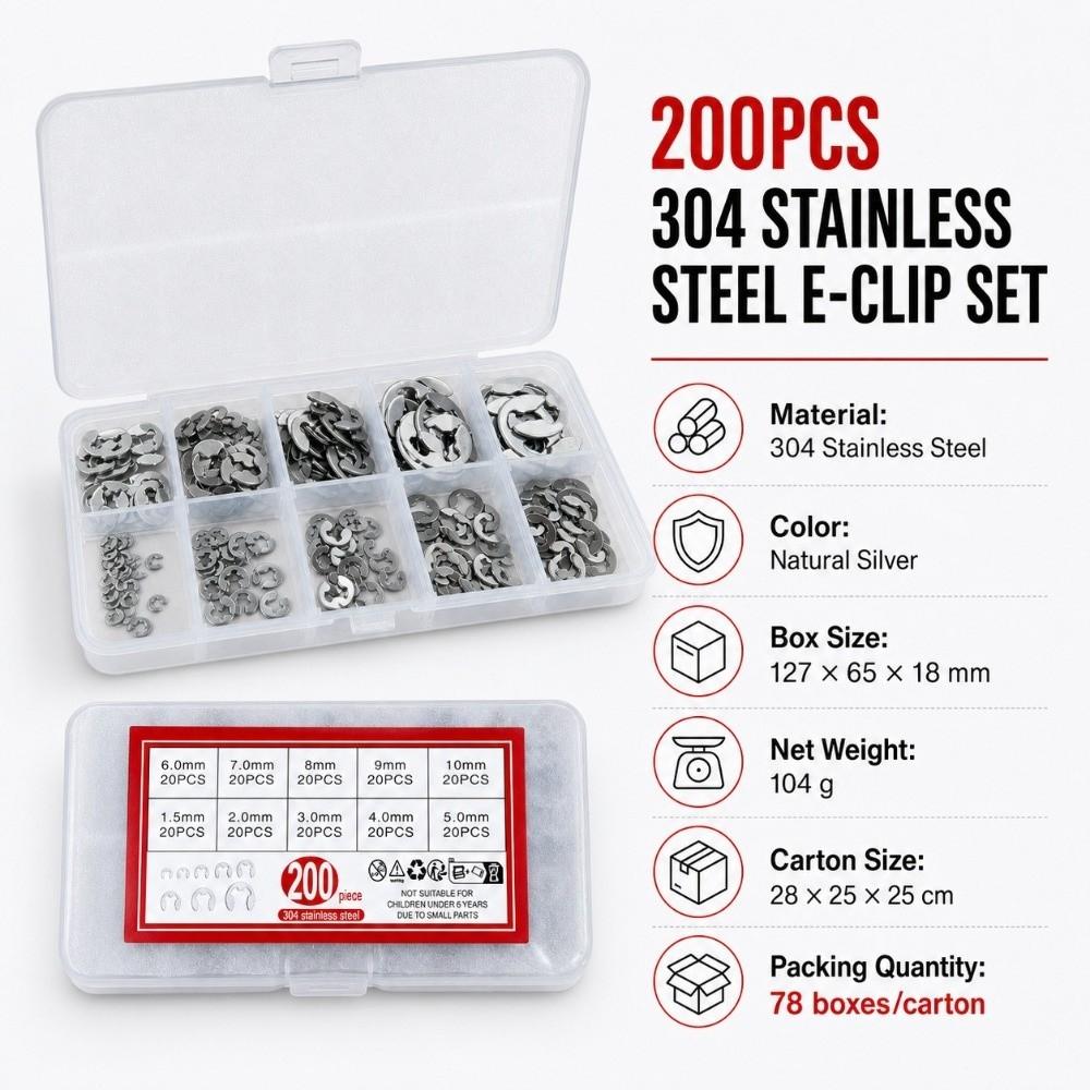 200pcs Bearing Type Retaining Ring Kit Stainless Steel E-Clip Kit Snap Ring Set Bearing Maintenance