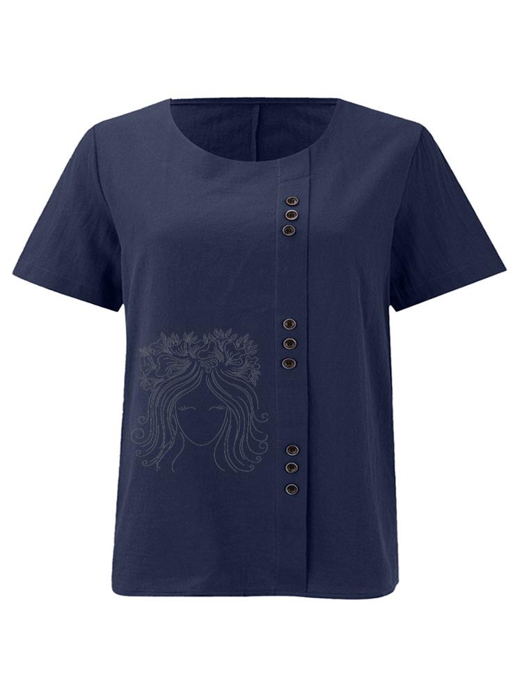 Women's Fashion Black Line Lady Print Casual Cotton Linen Short Sleeve Round Neck T-shirt Shirt Leisure Loose Summer Blouse Tops