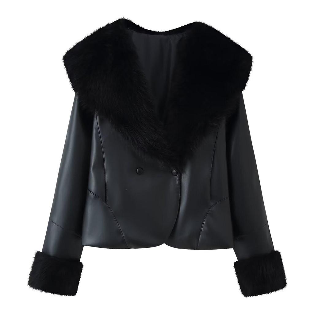 2025 Autumn Women's Fur Collar Patchwork Leather Jacket with Long Sleeves