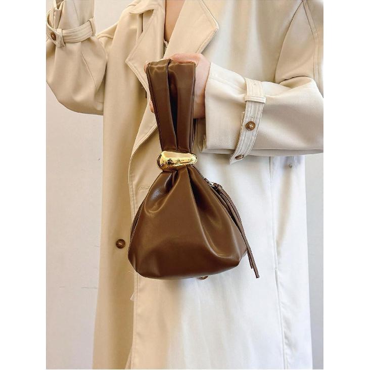 OYOANGLE Women's Mini Leather Bucket Bags Top Handle Purse Metallic Buckle Handbags Bag