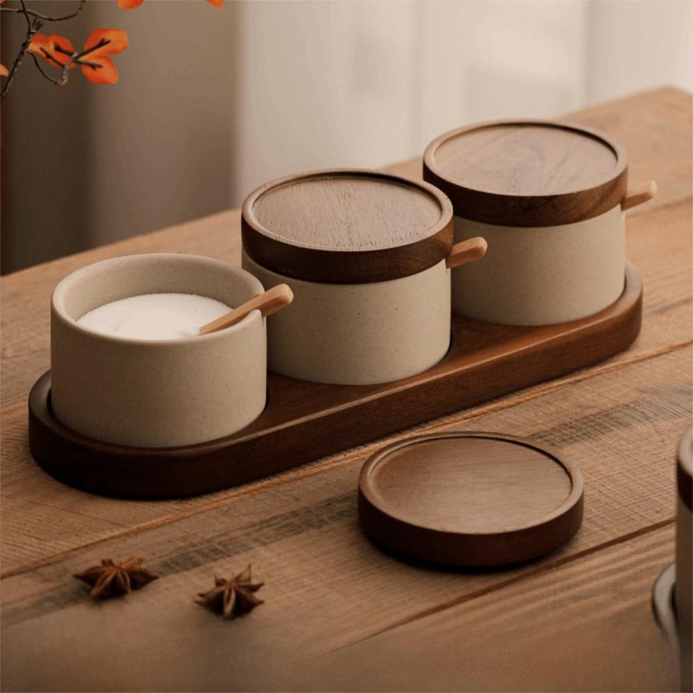 Japanese Style Ceramic Seasoning Jar with Lid Spoon Tray Seasoning Box Spice Container Restaurant