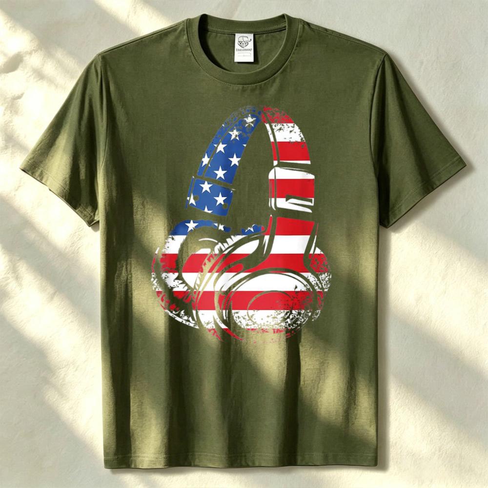 Vintage Patriotic Us Flag Headphones Graphic T Shirt Music Lover Streetwear Casual Unisex Cotton Tee Short Sleeve Summer Tops