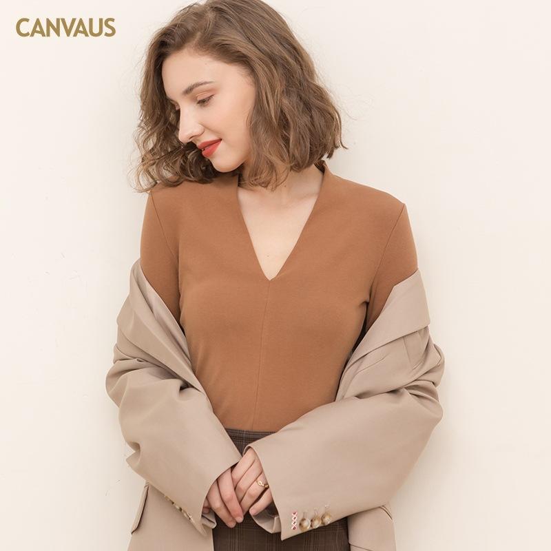 CANVAUS Женская осень/зима, новый стиль, хлопковая тонкая бархатная однотонная рубашка с v-образным вырезом и длинными рукавами, тонкая простая рубашка в европейском стиле