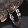 Punk Style Brown Leather Bracelet 316L Stainless Steel 3 Viking Bead Bracelet Powerful Clasp Rock Bangles Jewelry Gifts