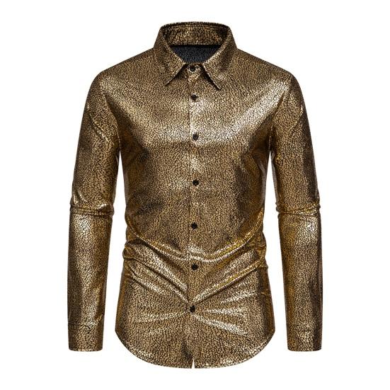 Мужская однобортная рубашка с каменным цветком и золотым тиснением, весенне-осенняя однобортная рубашка с лацканами и длинными рукавами, облегающая повседневная рубашка для банкета