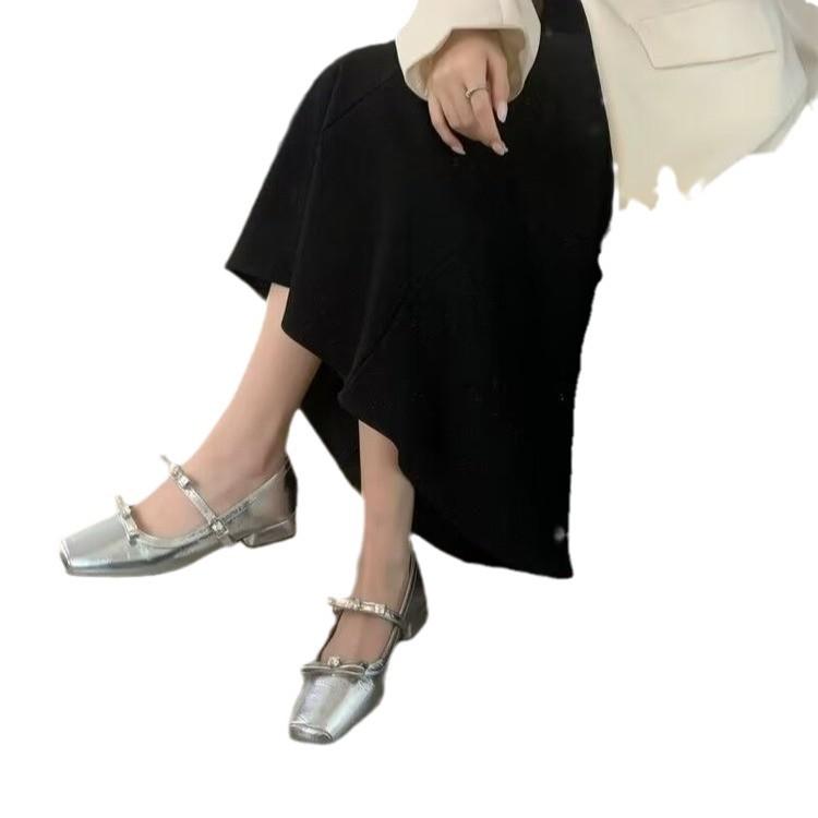 Серебристые одинарные туфли женские весна и осень новый лук французский вечерний бриз темперамент фея с юбкой толстый каблук туфли Мэри Джейн