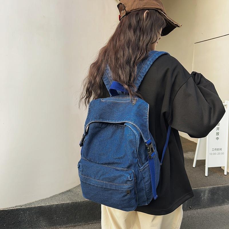 Solid Color Women Denim Backpack College Style Student Backpack Men Travel Bag