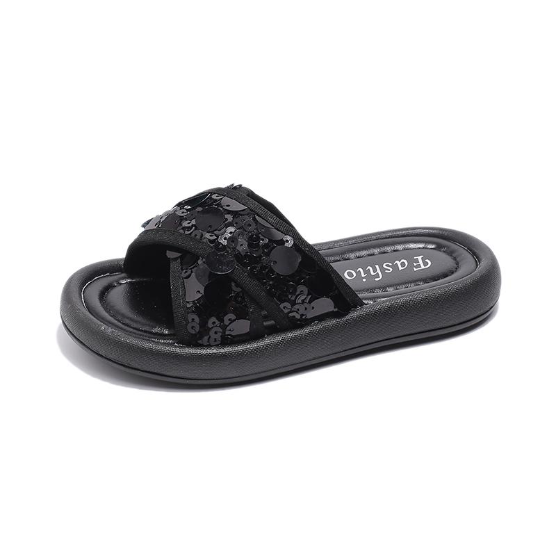 Летние тапочки для девочек, детская пляжная обувь для принцесс, тапочки с блестками для маленьких детей, мягкая подошва, нескользящая, универсальный размер 26-36