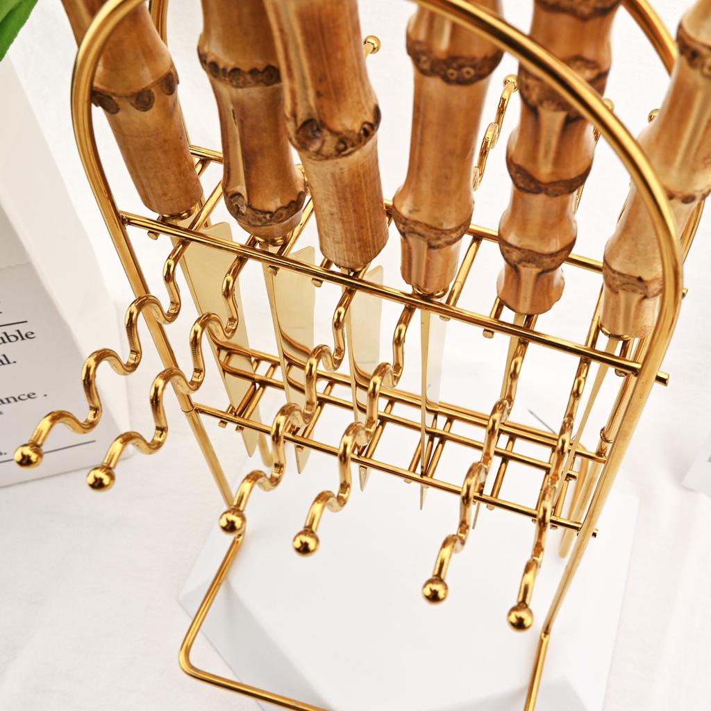 Роскошный набор столовых приборов из бамбука из 24 предметов - прочная серебристая посуда из нержавеющей стали с держателем для столовых приборов, зеркальная полировка