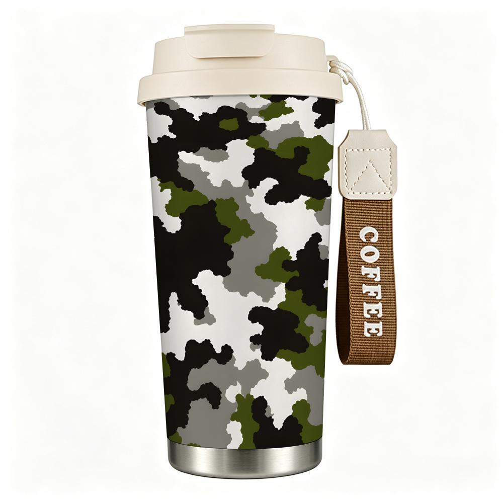 Camouflage Print Outdoor Travel Mug, Insulated Coffee Tumbler Walled Vacuum Thermal Cup, Leakproof Stainless Steel Flask for Camping Hiking