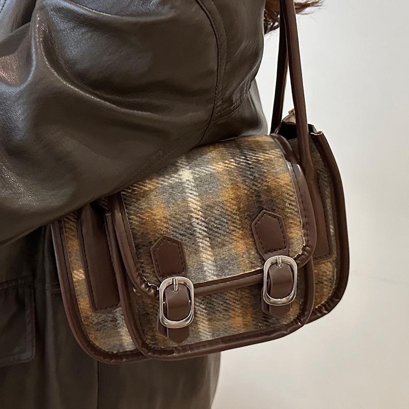 Осенняя шерстяная клетчатая сумка для женщин, новая ретро-сумка для подмышек, высококачественная сумка-седло на одно плечо