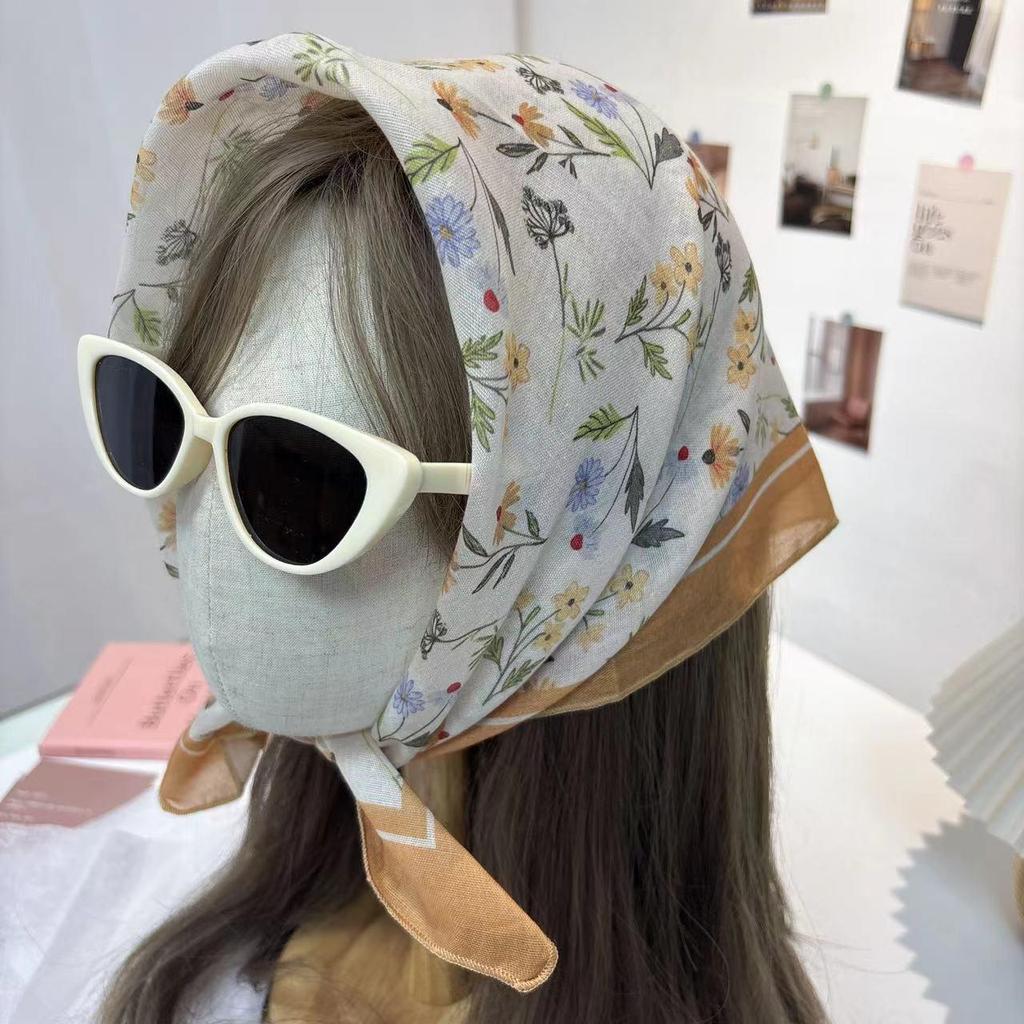 French Lace Triangle Scarf with Beige Floral Design, Retro Headscarf, Hairband, Bag Accent, and All-Match Ribbon Scarf