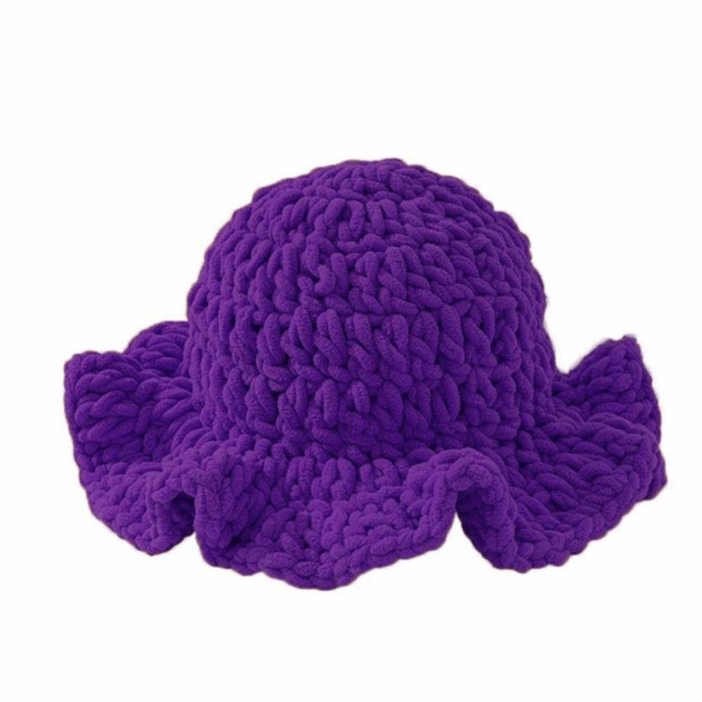 Handcrafted Knitted Beanie Cable Knit Winter Warm Bucket Hat Ruffled Edge Fisherman Hat Outdoor