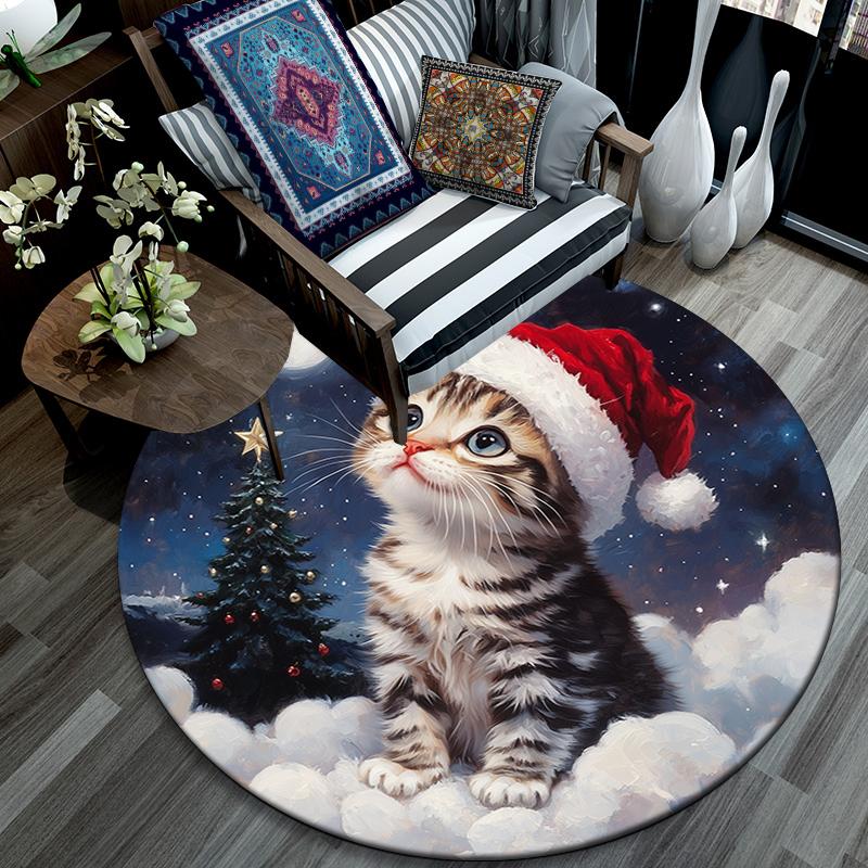 Christmas cat pattern round rug,Carpet Rug for Living Room Bedroom Playroom ,Non-slip Floor Mat,Holiday Gifts and Birthday Gifts.