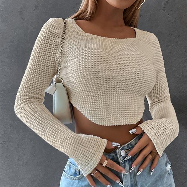 Футболка с длинным рукавом, женская сексуальная тонкая уличная одежда, вязаный укороченный топ, корейская мода, весенне-осенняя короткая узкая футболка
