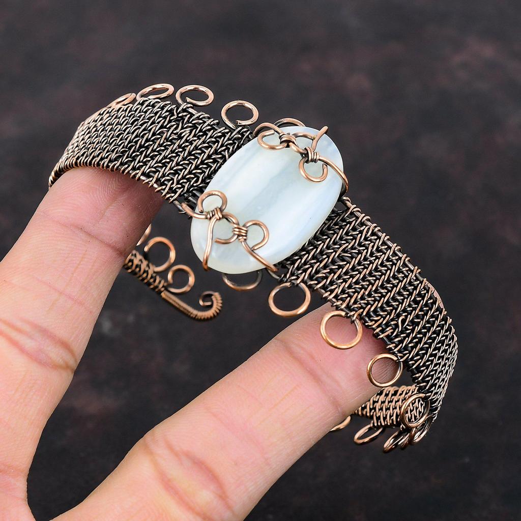 Ботсванский агатовый браслет, медная проволока, обернутая драгоценным камнем, браслет-манжета, регулируемый браслет, красивые медные ювелирные изделия, подарок для женщин, браслет ручной работы