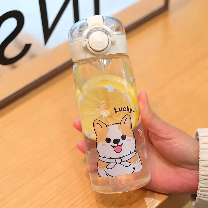 400ml Leak-Proof Water Bottle Cute Dog Cat Print Water Bottle Straw Cup Kids Students Water Bottle Portable for Sports & Fitness