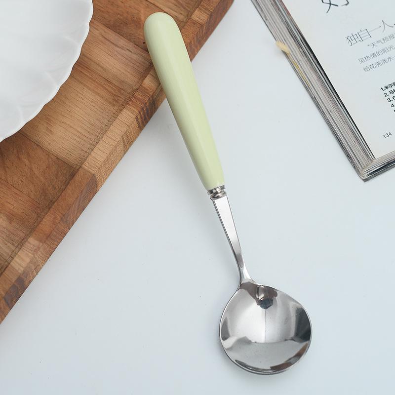 Zakka Ceramic Handle Stainless Steel Spoon - Creative Cartoon Tableware, Long Handle for Soup, Tea, and Main Courses.