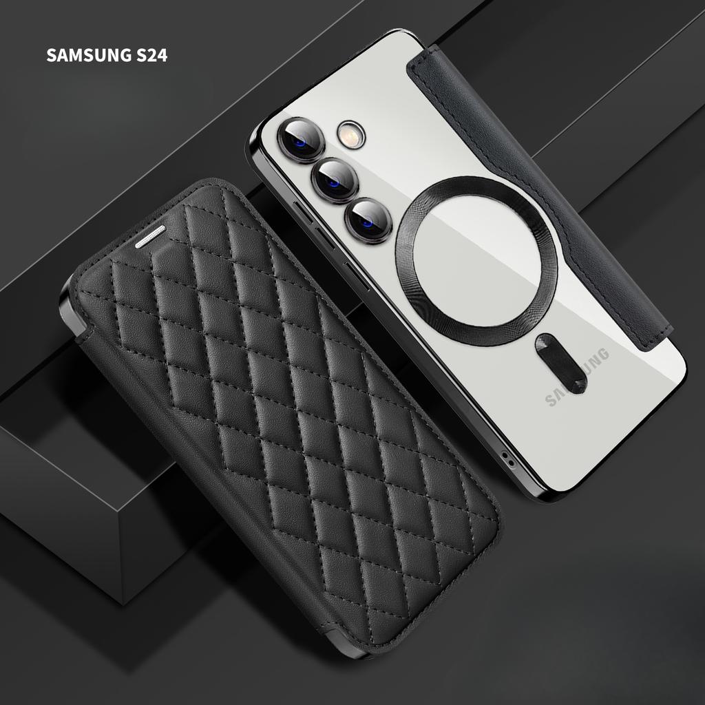 Чехол-книжка из кожи с магнитным покрытием для Samsung S24U/S23Fe/S22 +/A05S с гальваническим покрытием