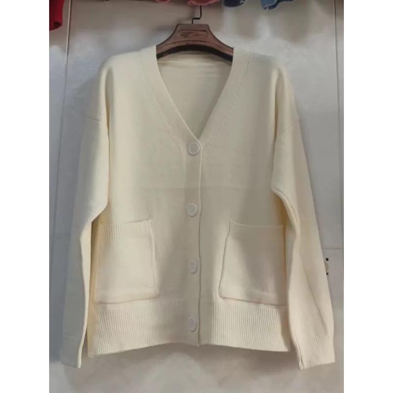 Осень Зима V-образный вырез Свободный Повседневный Однотонный Вязаный Кардиган Женский Простой Универсальный Свитер Верхняя одежда Топ