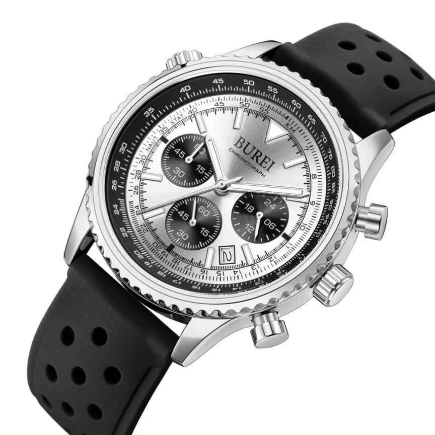 Мужские кварцевые часы-хронограф BUREI, водонепроницаемые, аналоговые, с отображением даты, черные с серебристым полиуретановым ремешком, идеальный подарок для мужчин