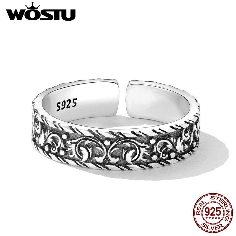 WOSTU New Genuine 925 Sterling Silver Classic Vintage Pattern Open Rings For Women S925 Exquisite All-match Anniversary Jewelry