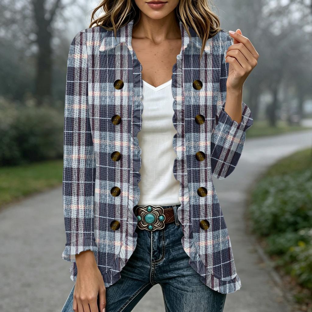 Women's Fashion Plaid Print Long Sleeve Ruffle Open Front Cardigan Outerwear for Everyday Wear