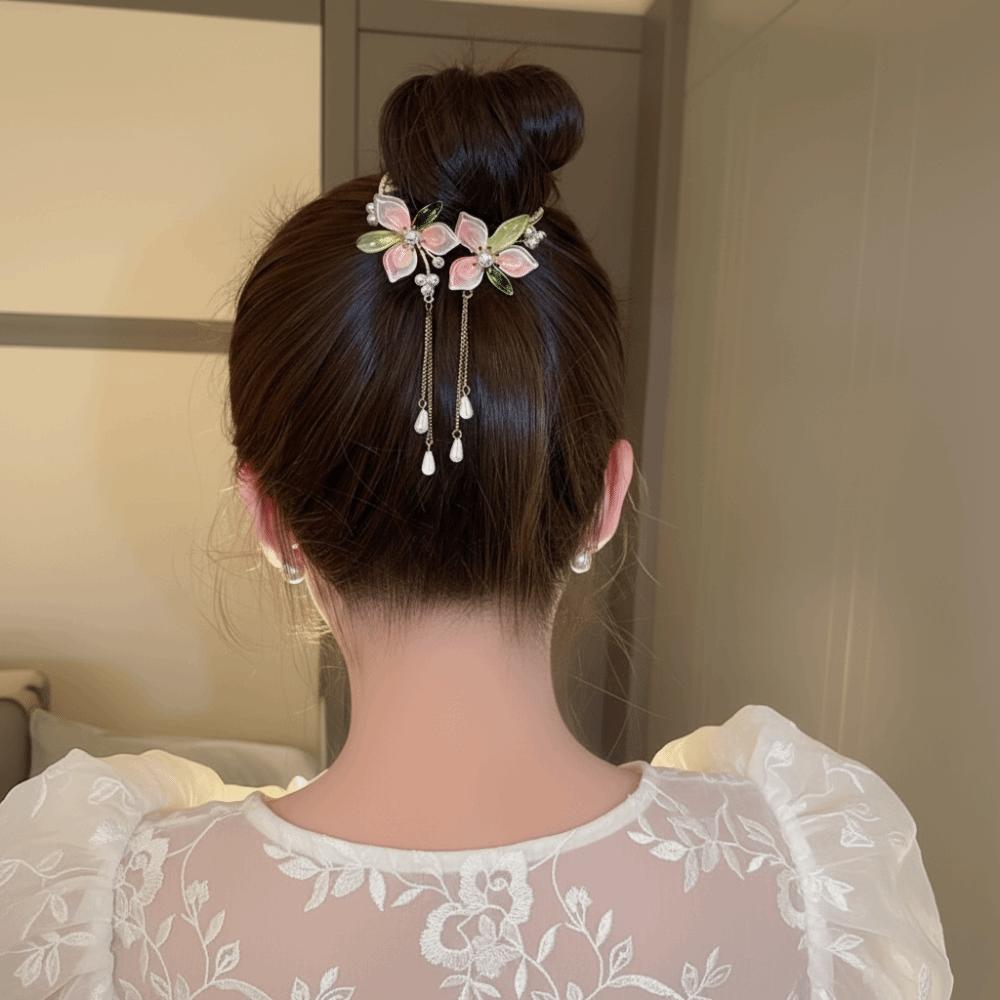 Pink Peach Blossom Bun Hairpin Imitation Pearl Round Bun Ponytail Holder Women Girls
