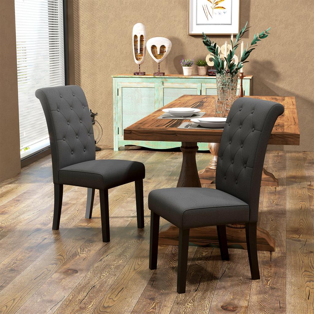 Set of 2 Dining Room Chairs Kitchen Chair Great Comfort Wooden Legs Linen 47 x 61 x 101 cm Dark Grey