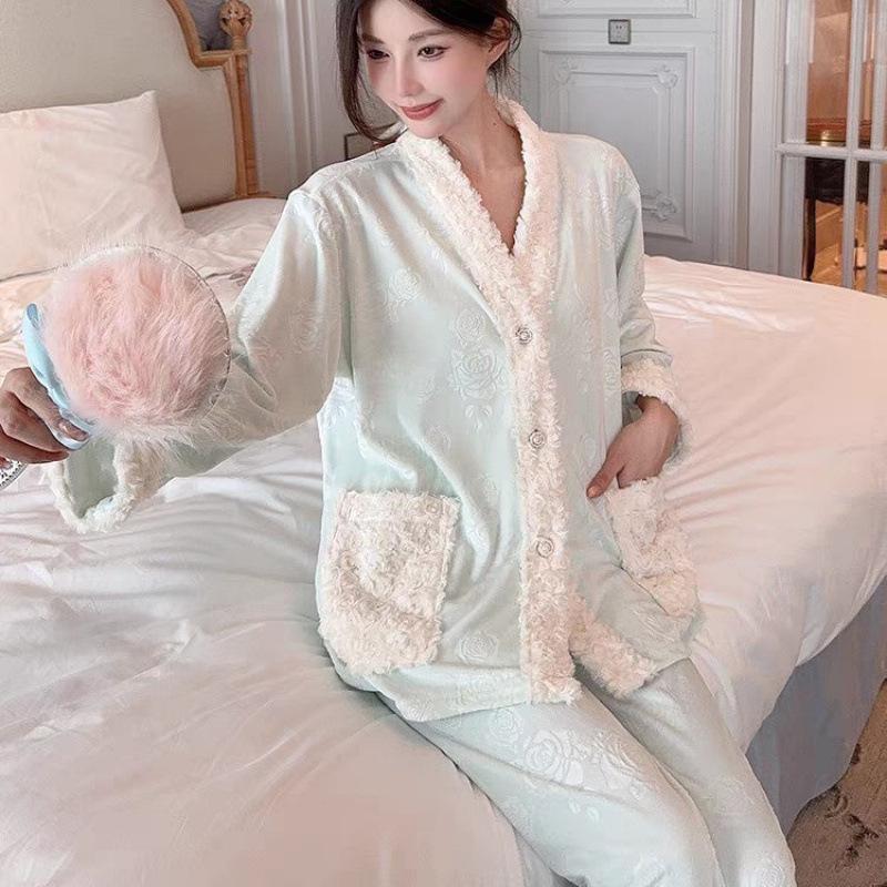 Женский пижамный комплект из розового флиса - Лонгслив и брюки, осенне-зимний стиль