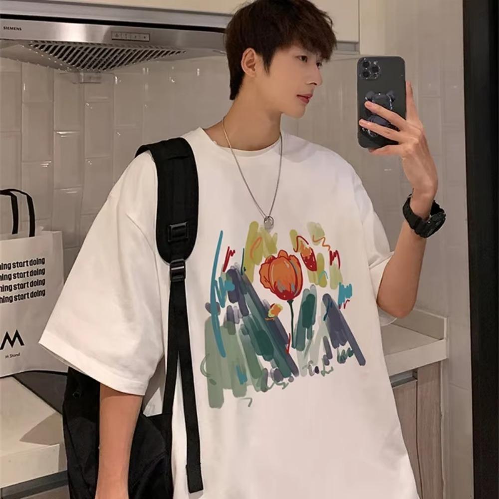 Мужская футболка с ретро цветочным принтом, новинка лета 2025 года, уличный стиль, с коротким рукавом, модная эстетика Y2K, топы в стиле хип-хоп