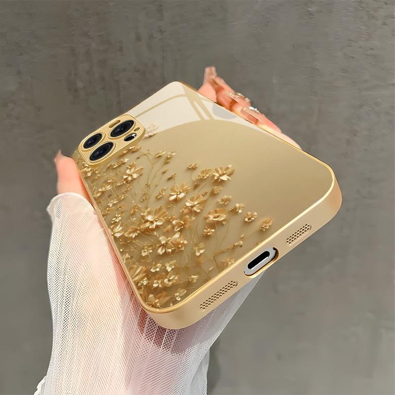 Элегантный Золотой Цветок Золотая Металлическая Краска Стеклянный Чехол Для Телефона Для iPhone 17 16 15 14 13 12 11 Pro Max 15 14 Plus 17 Air 16E Чехол