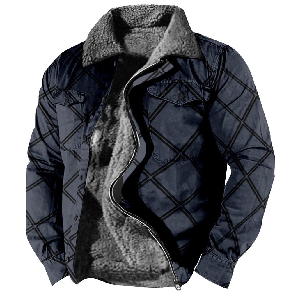 Men's Plaid Print Fleece Thickened Coat Jacket Men's Casual Fashion Warm Coat