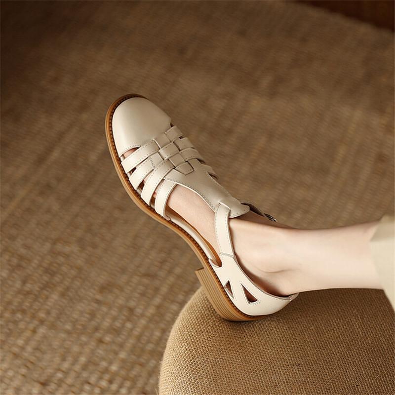 Модные новые летние сандалии Сандалии из натуральной кожи Повседневные Французские Ретро Круглый носок Ажурные ГЛАДИАТОР Овчина Сандалии Толстый каблук Обувь