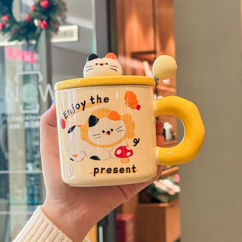 Birthday Gift Cute Cat Mug with Lid Couple Water Cup High Looking Bestie Ceramic Cup Practical Souvenir