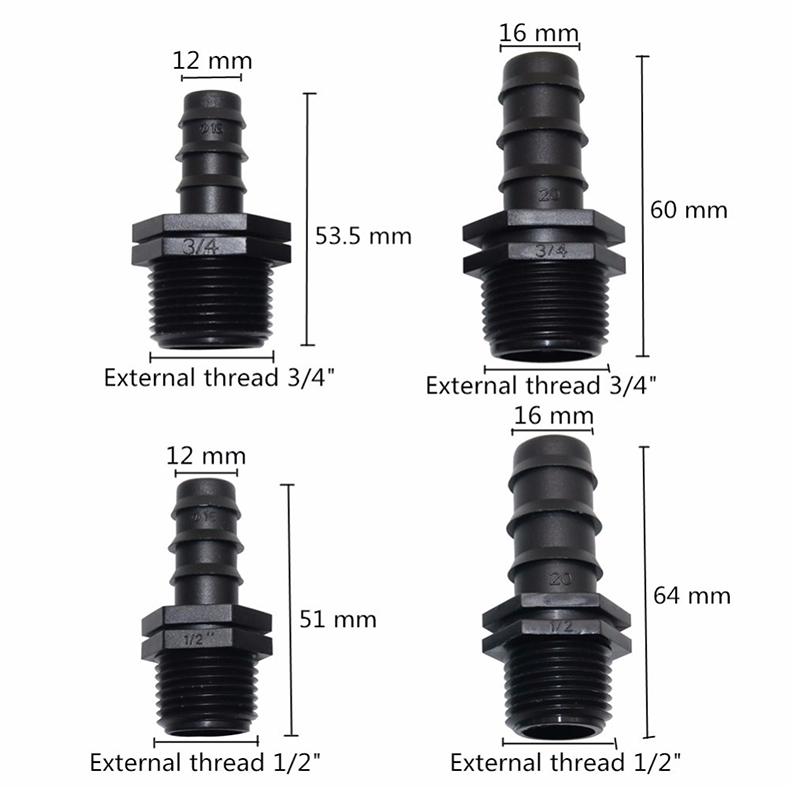 1/2", 3/4" Наружная резьба Прямой соединитель Сельскохозяйственные и ирригационные соединения к DN16 DN20 Садовый шланг Пластик 5 шт.